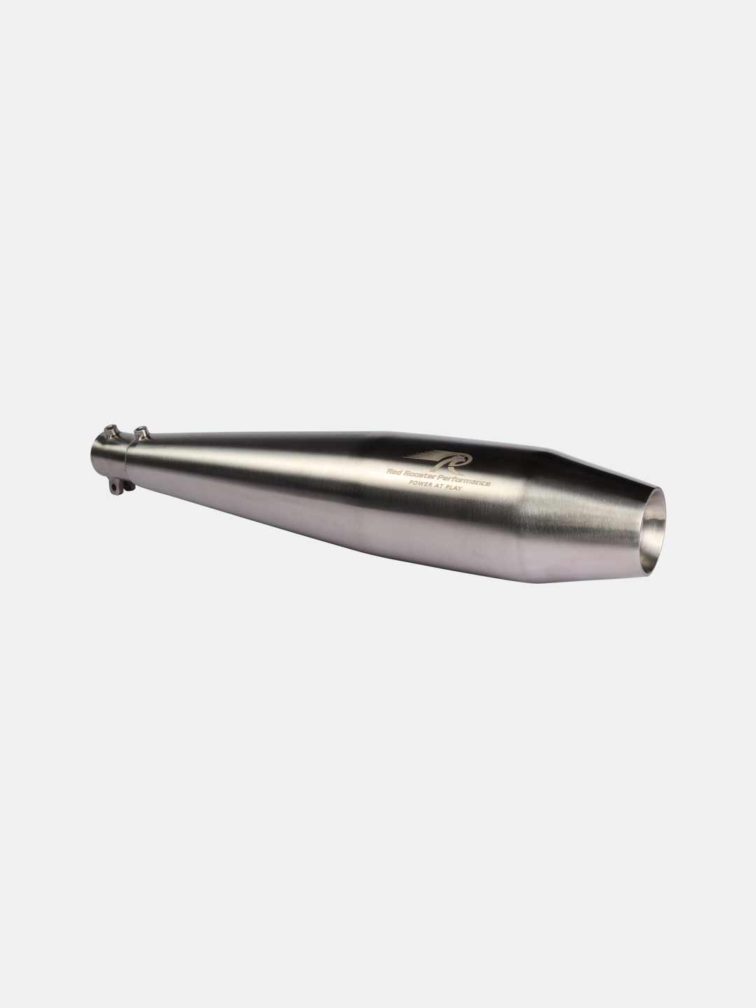 Stainless steel motorcycle exhaust muffler on white background