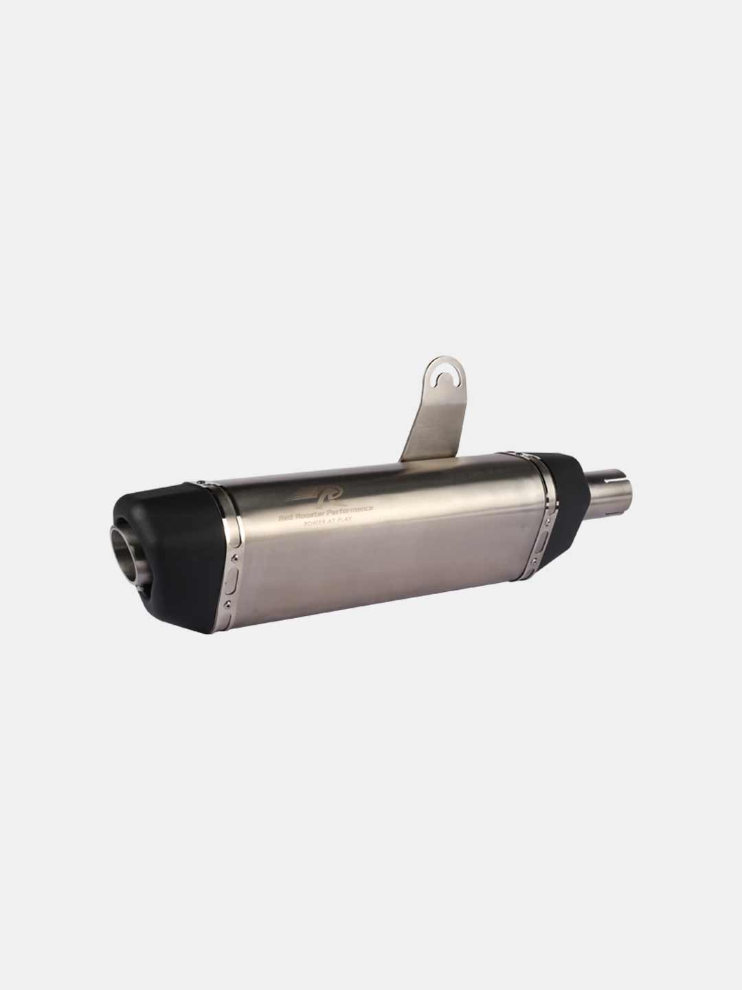 Motorcycle exhaust silencer stainless steel with mounting bracket on white background