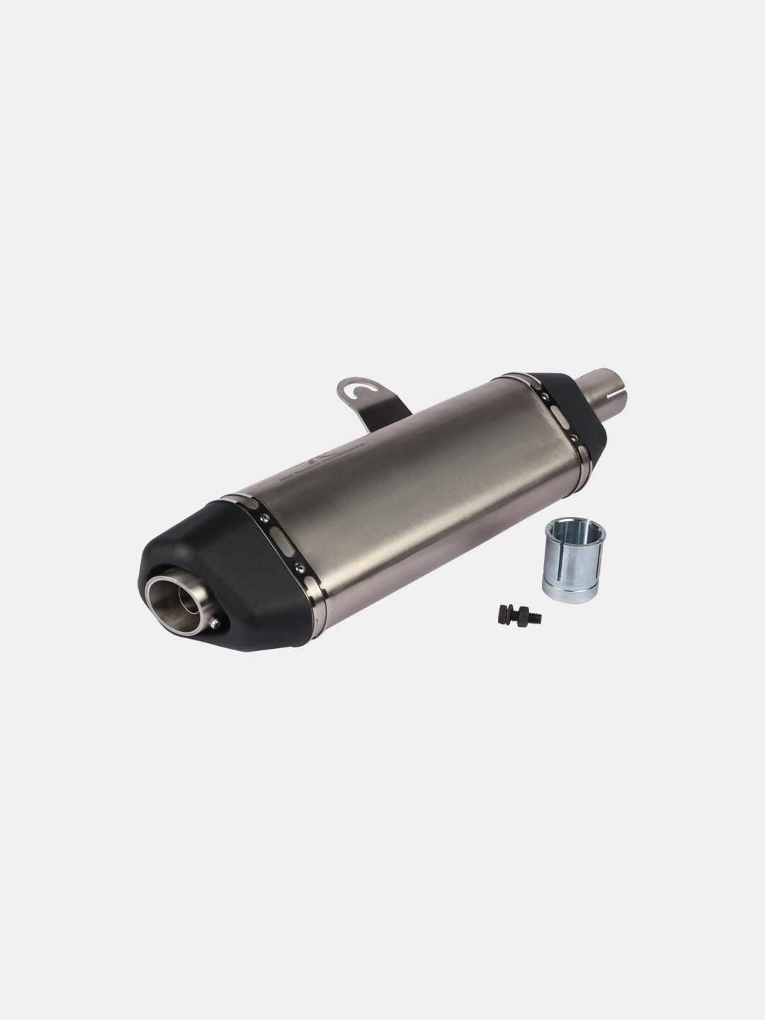 Motorcycle exhaust silencer kit with mounting hardware for Himalayan models on white background