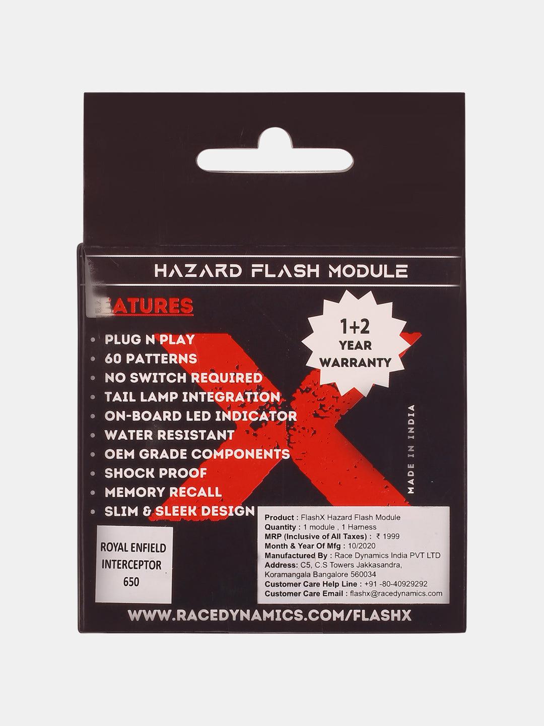 Royal Enfield Interceptor 650 hazard flash module packaging with feature highlights