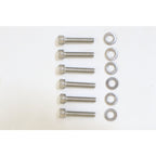 Six stainless steel bolts with washers arranged on a white background, motorcycle parts hardware kit.