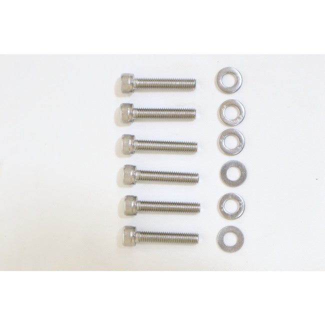 Six stainless steel bolts with washers arranged on a white background, motorcycle parts hardware kit.