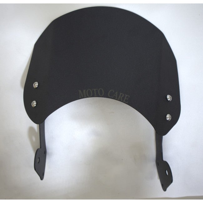 Black metal motorcycle visor with mounting brackets and 'MOTO CARE' text, isolated on white