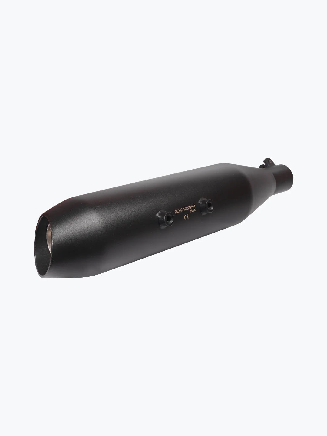 Matte black motorcycle exhaust silencer with a sleek, cylindrical design on a white background.