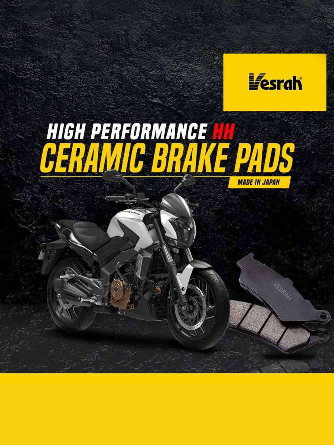 Sport motorcycle with Vesrah ceramic brake pads on black background, high performance brake parts