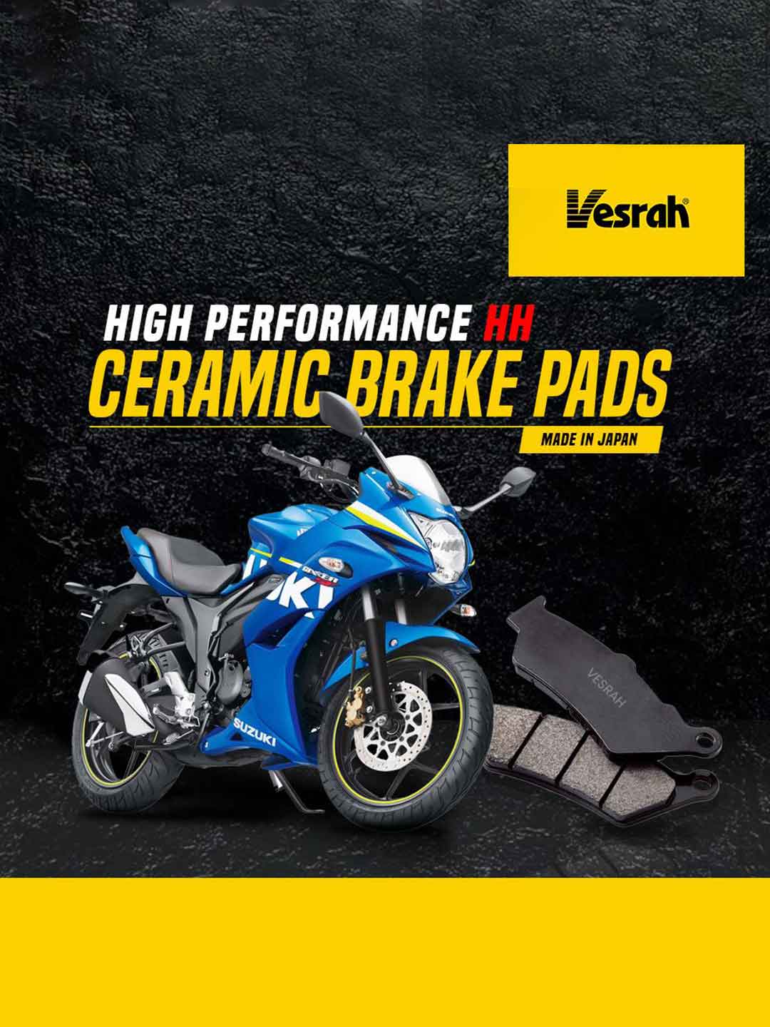 Blue Suzuki motorcycle next to Vesrah ceramic brake pads on black background, performance parts
