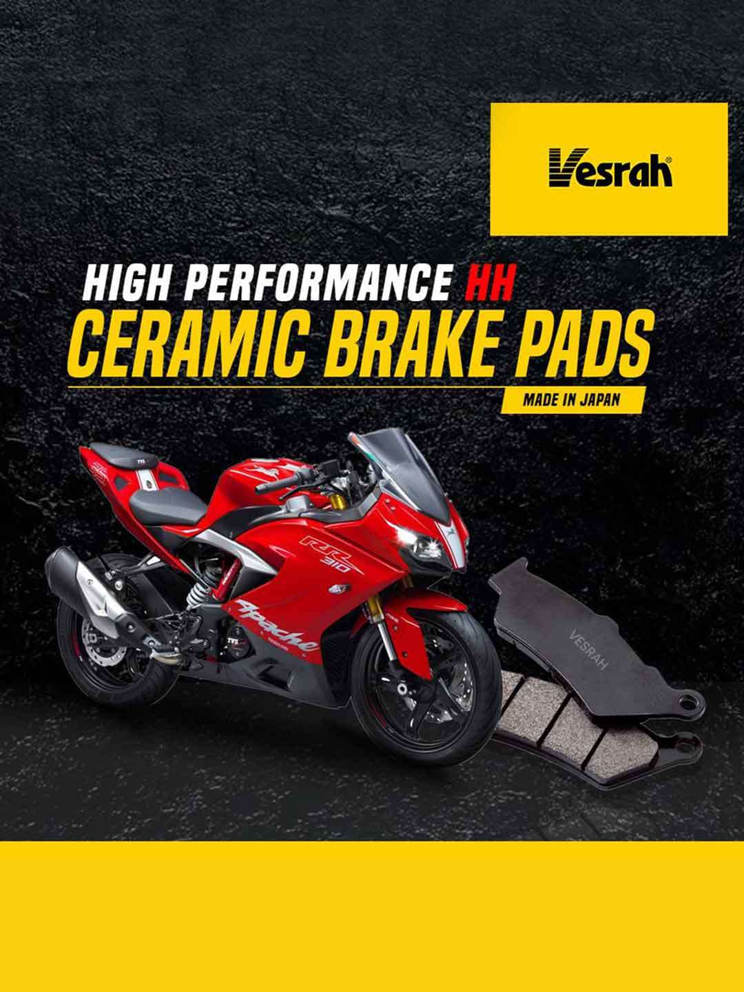 Red sports motorcycle with Vesrah high performance ceramic brake pads on black background