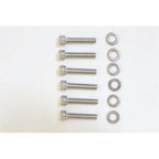 Six stainless steel hex bolts and washers arranged on a white background
