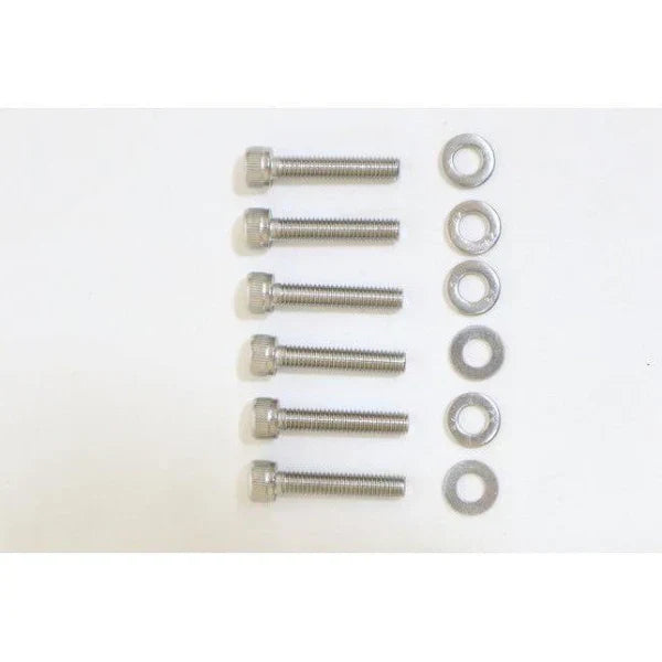 Six stainless steel hex bolts and washers arranged on a white background