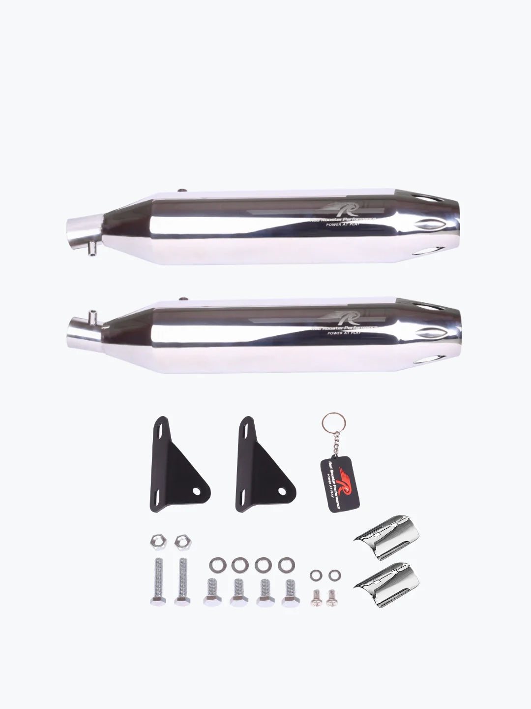 Chrome motorcycle exhaust silencer kit with mounting hardware and keychain