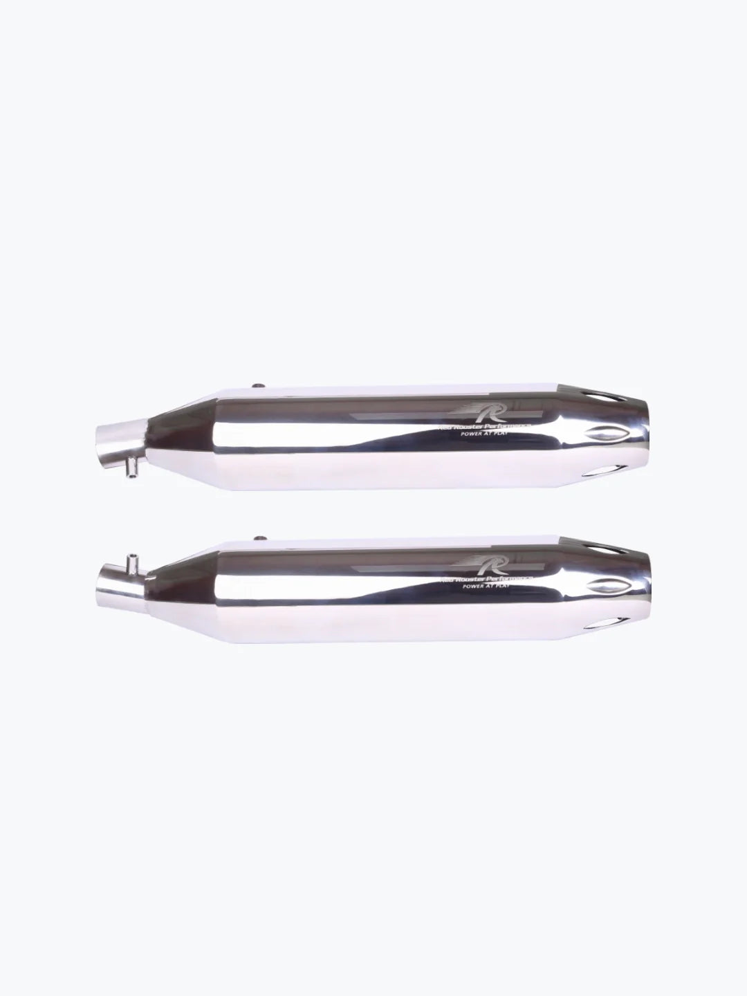 Pair of chrome motorcycle exhaust silencers on white background