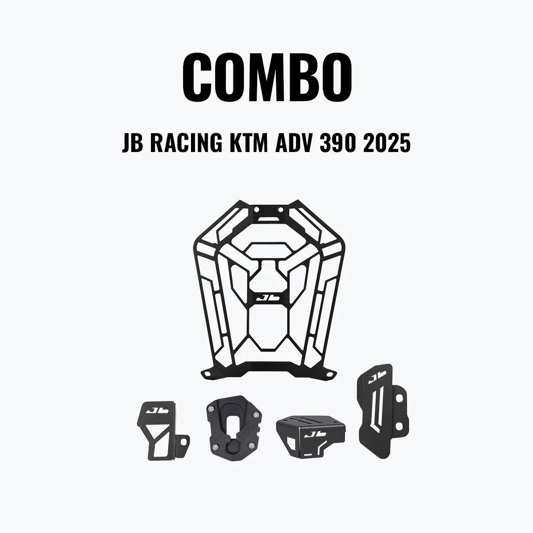 Combo set of JB Racing KTM ADV 390 2025 metal guards and accessories on white background