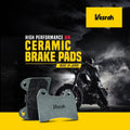 Vesrah ceramic brake pads for motorcycle, high performance, product image with rider in background