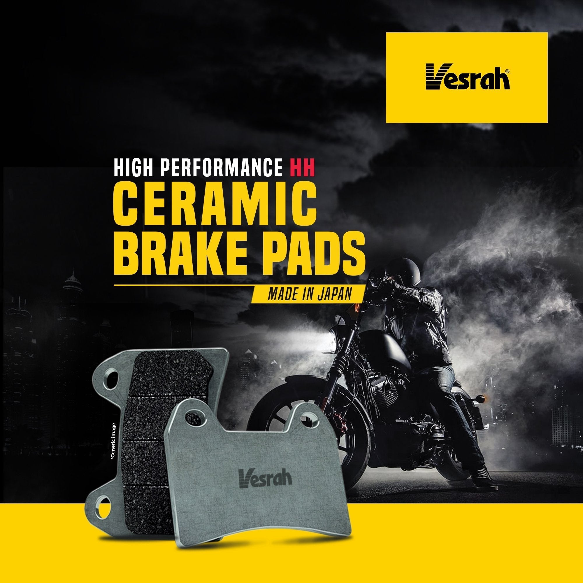 Ceramic brake pads with Vesrah logo, motorcycle and city skyline in the background.