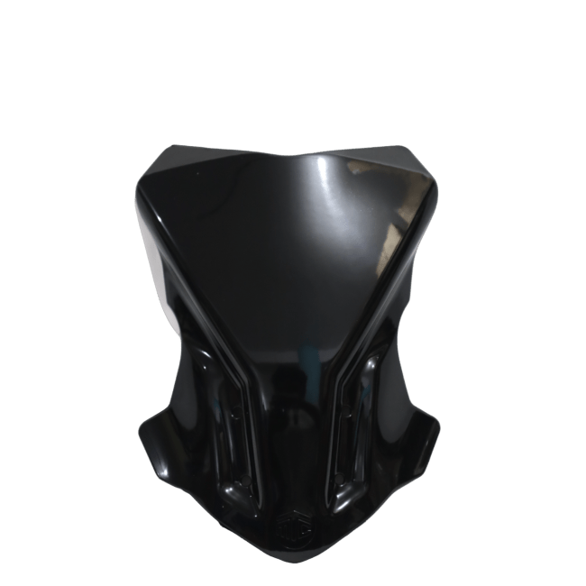 Black polycarbonate motorcycle visor for TVS Apache RTR 310, isolated on white background