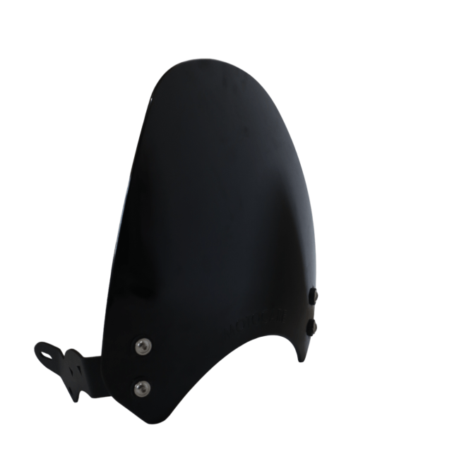 Black motorcycle visor accessory with mounting hardware, isolated on white background