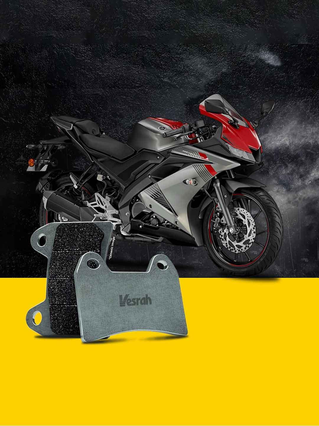 Vesrah rear brake pads for Yamaha R15 V3 displayed with sport motorcycle background