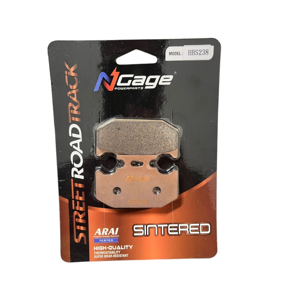 Sintered motorcycle brake pad HBS238 in retail packaging, suitable for street and road use