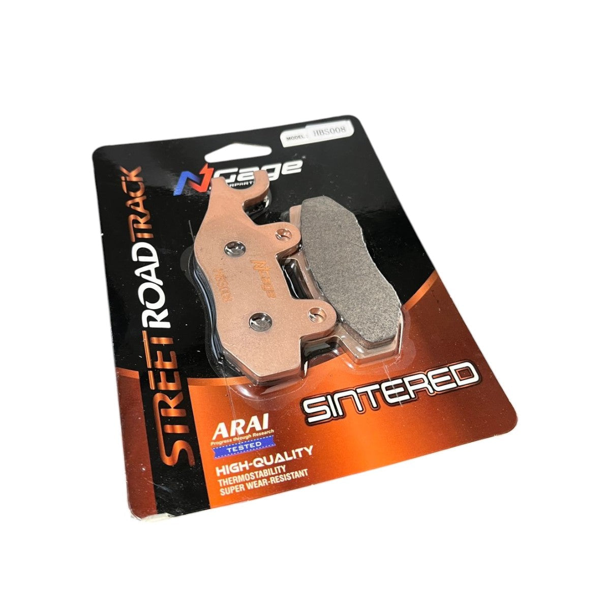 Sintered motorcycle brake pads in retail packaging for street, road, and track use