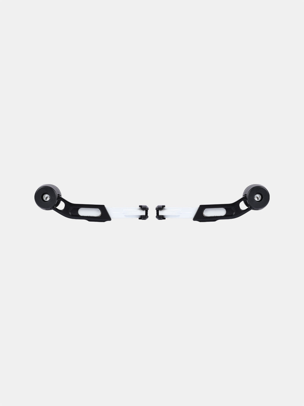 Motorcycle frame slider set with black wheels and white connectors on a white background