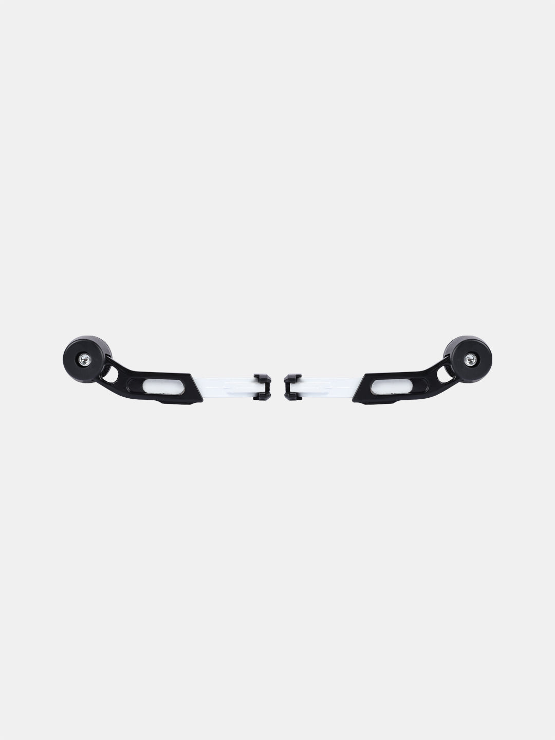 Motorcycle frame slider set with black wheels and white connectors on a white background