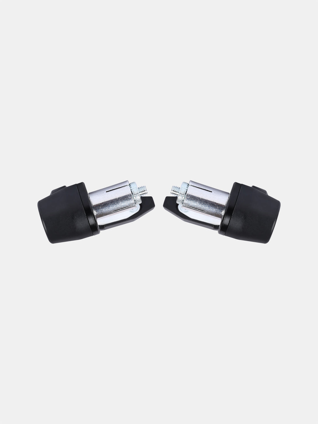 Pair of black and silver motorcycle handlebar end weights on white background