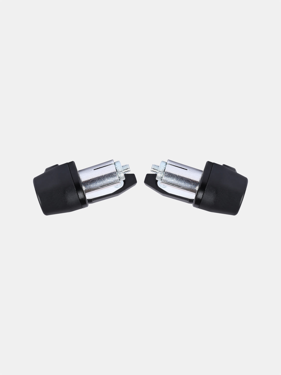 Pair of black and silver motorcycle handlebar end weights on white background