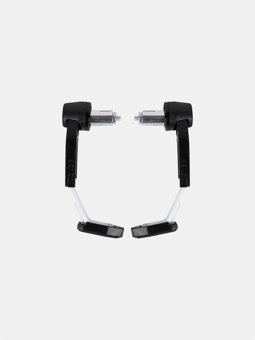 Pair of black and silver motorcycle handlebar guards on white background