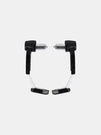 Pair of black and silver motorcycle handlebar guards on white background