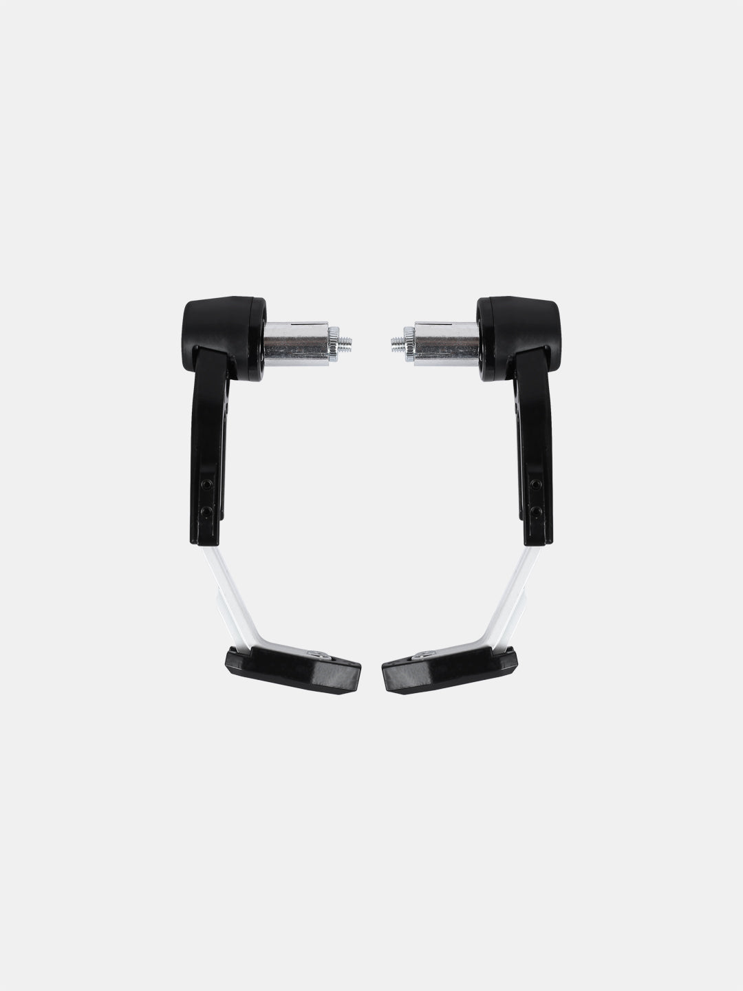 Pair of black and silver motorcycle handlebar guards on white background